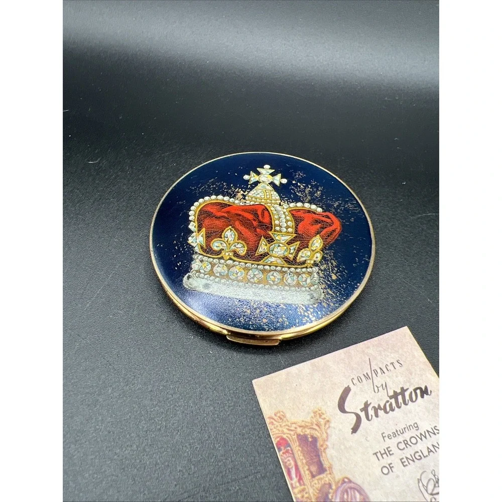 VTG Stratton England Gold Enamel Powder Compact Mirror Crown Crowns Of‎ England